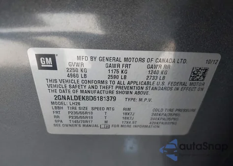 2013 Chevrolet Equinox 1Lt из США, поврежденный, VIN 2GNALDEK8D6181379